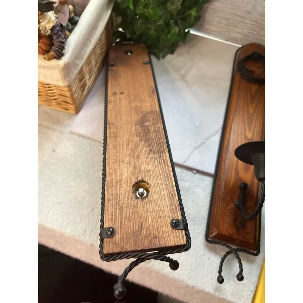 2 Wood Sconces Rustic Farmhouse Black Wrought Iron Twisted Iron Vintage